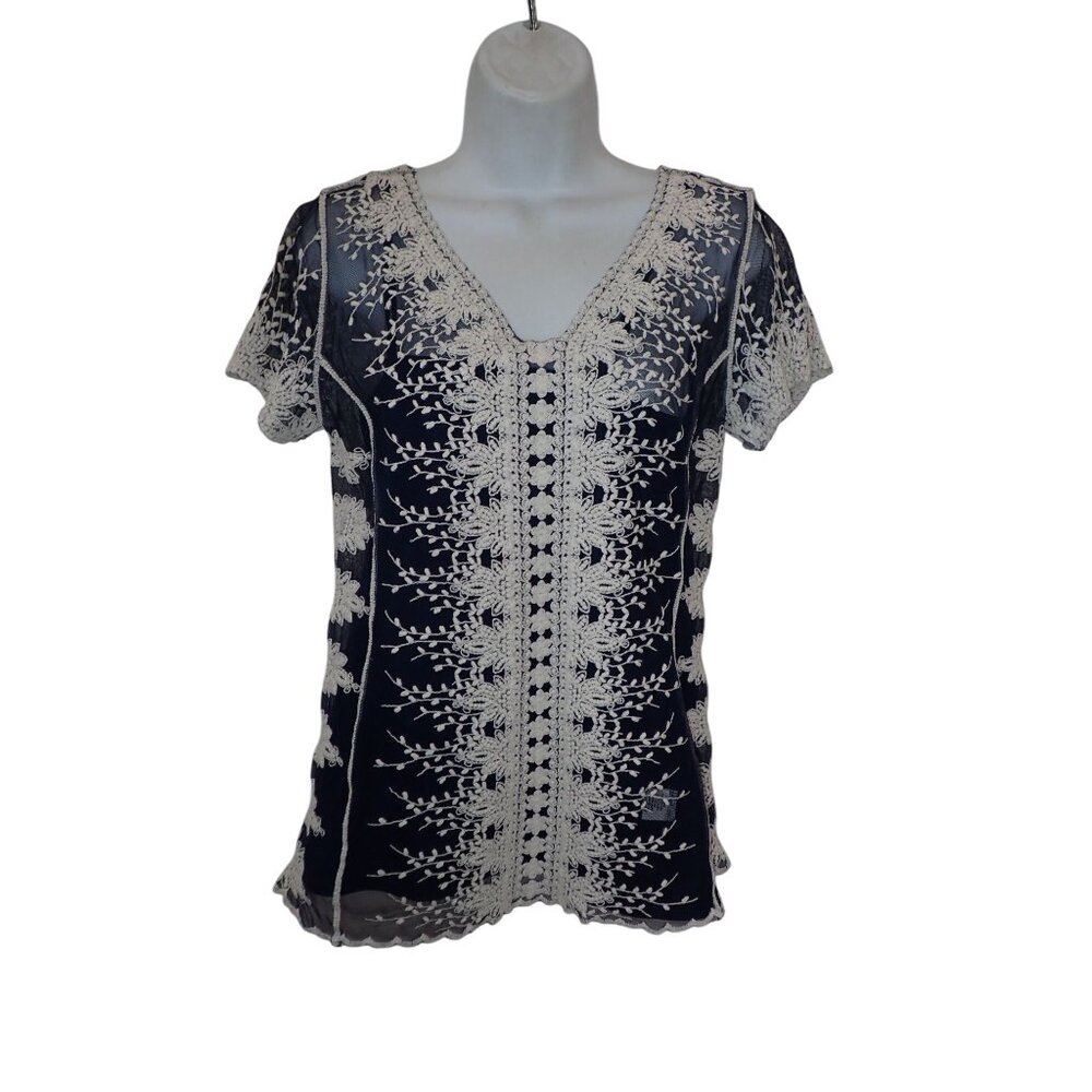 Ultra Pink Jillian Top Women S blue White Lace Boho Casual Retro‎ Embroidered